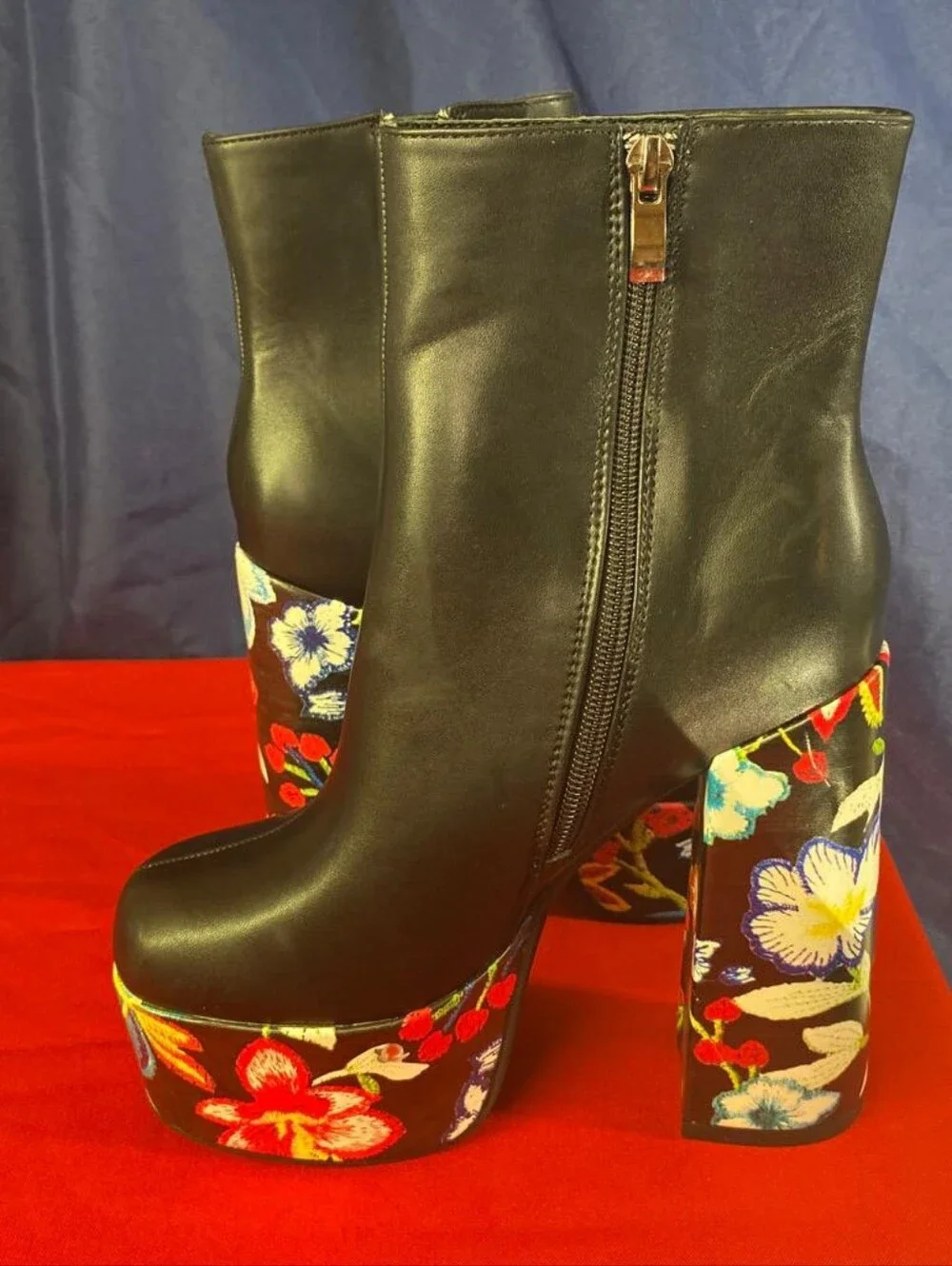 Floral Embroidered Platform Ankle Boots Black Chunky Block Heel Size 37Option